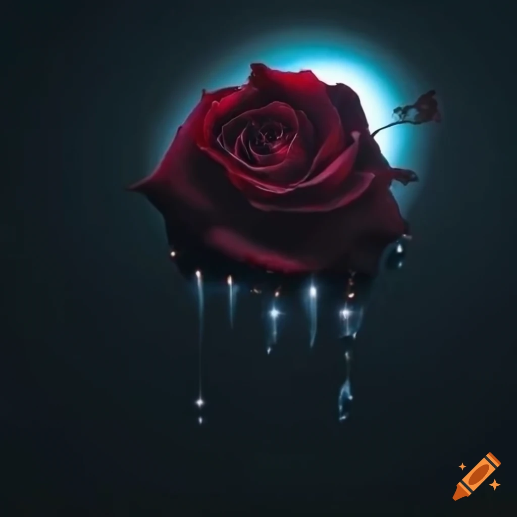 Dark red rose under moonlight with tear drops into a starry galaxy diamond