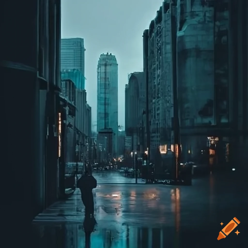 Fictional gloomy and rainy cityscape with modern tall buildings and heavy traffic