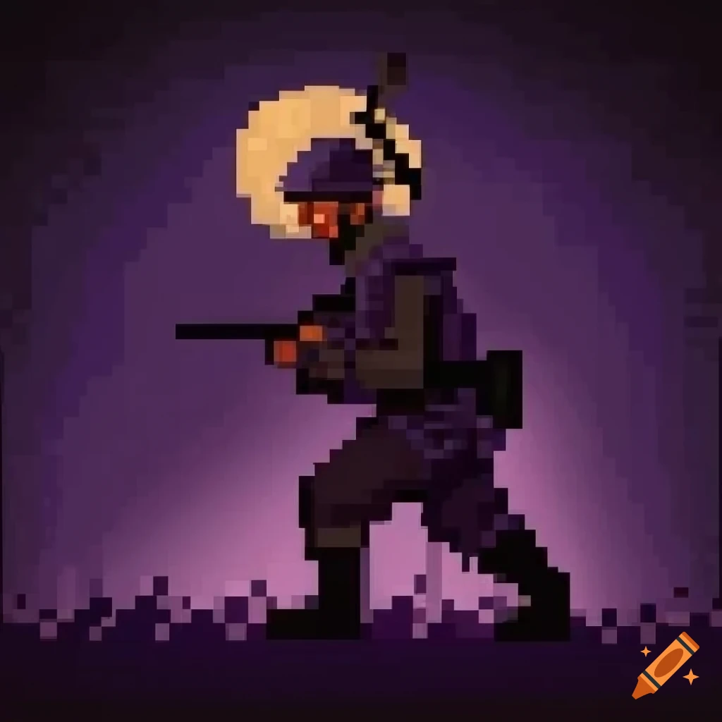 Pixel art of WW1 style soldiers advancing through trenches at night