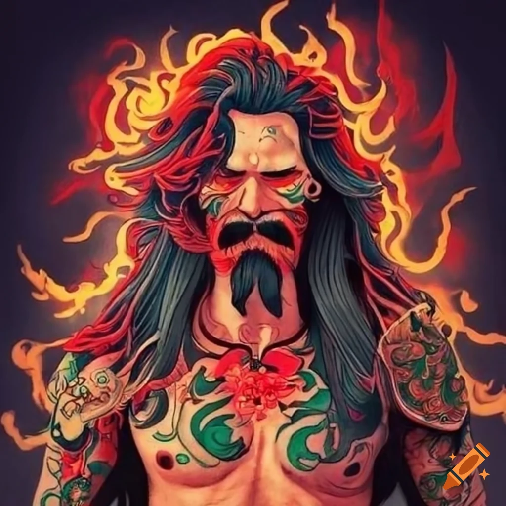 Fire Ronin with long hair, big mustache, and Japanese tattoos on Craiyon, image size:1024x1024