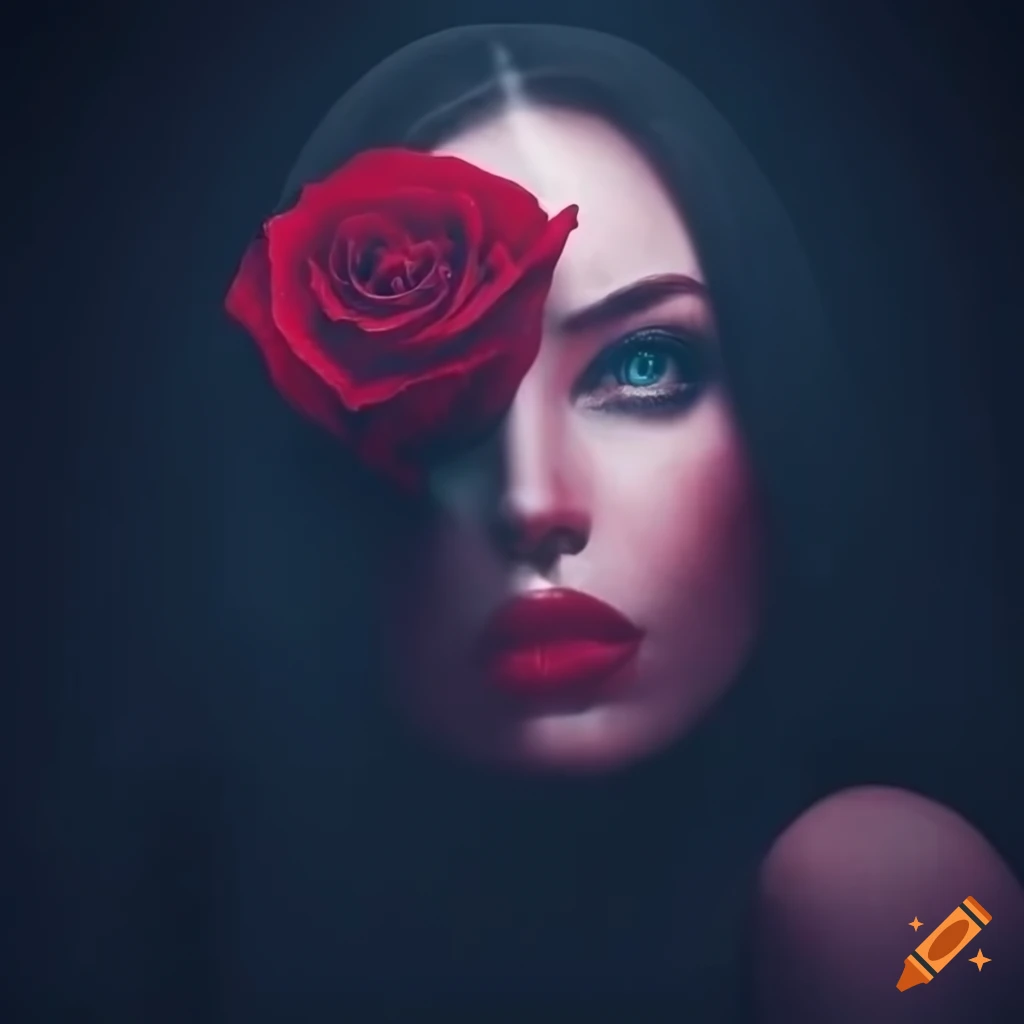 Beautiful woman holding a red rose under the dark moonlight
