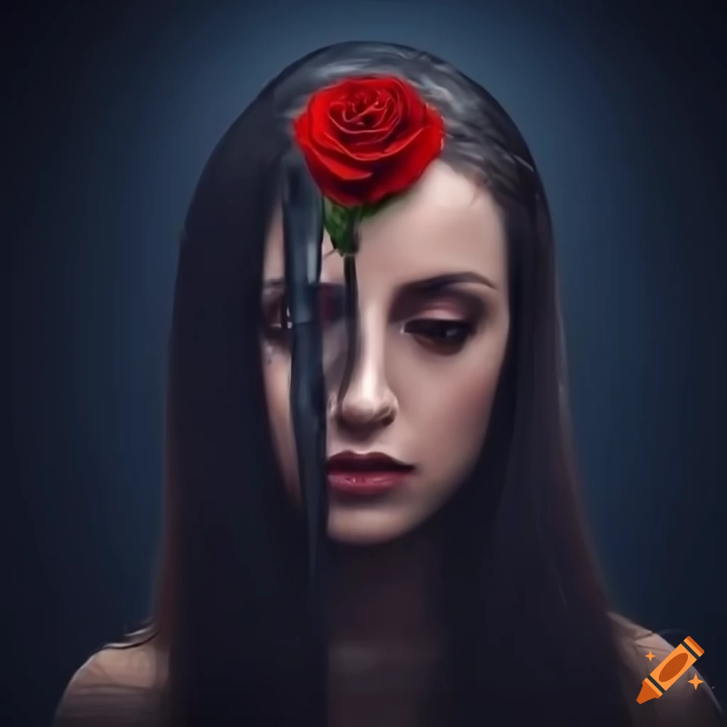 Sad female with a red rose under dark moonlight in a starry galaxy