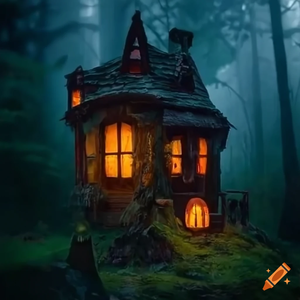Mysterious witch house in the enchanted woods with mushrooms, lantern lights, and elves