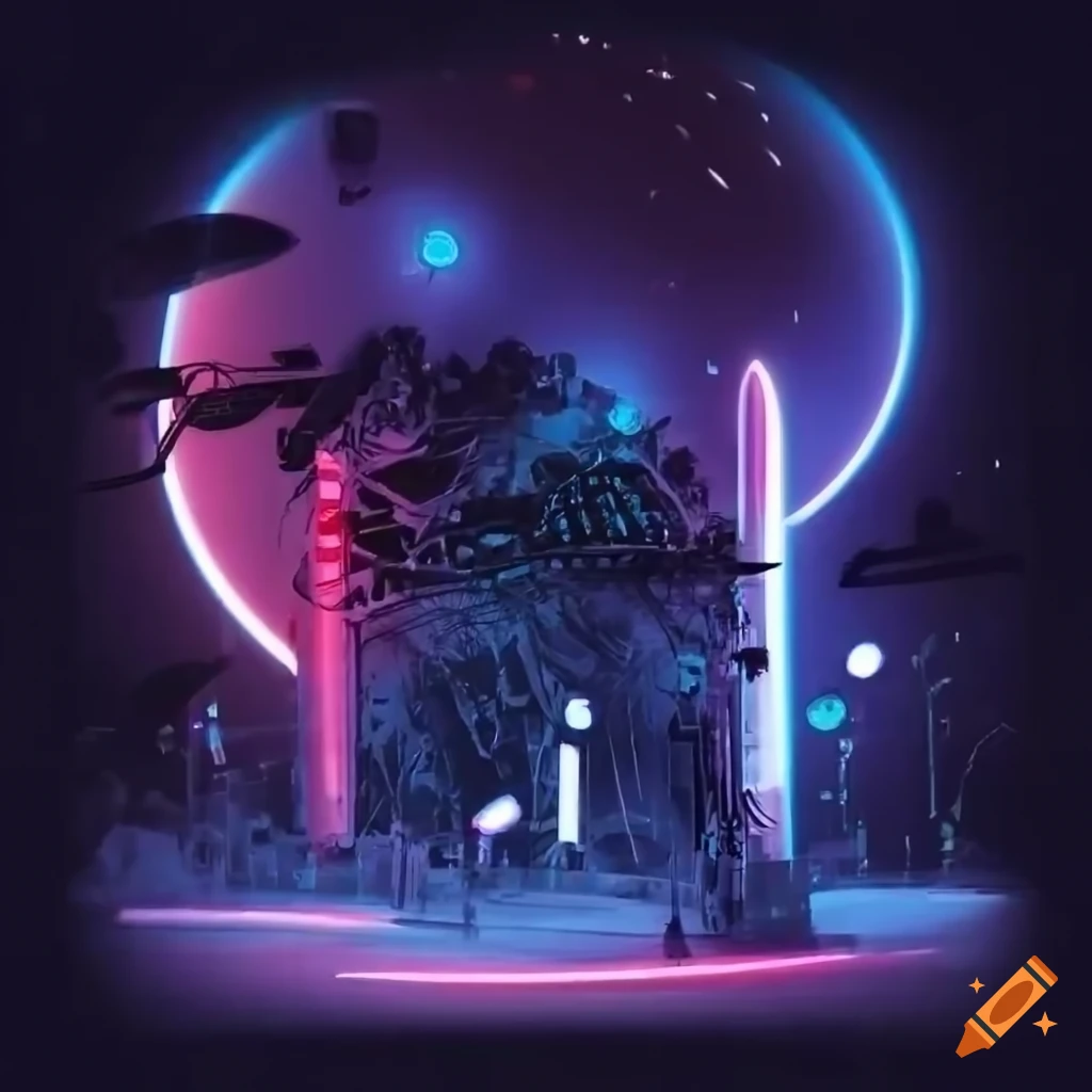 Colorful night scene with neon lights and lively music at a rave party