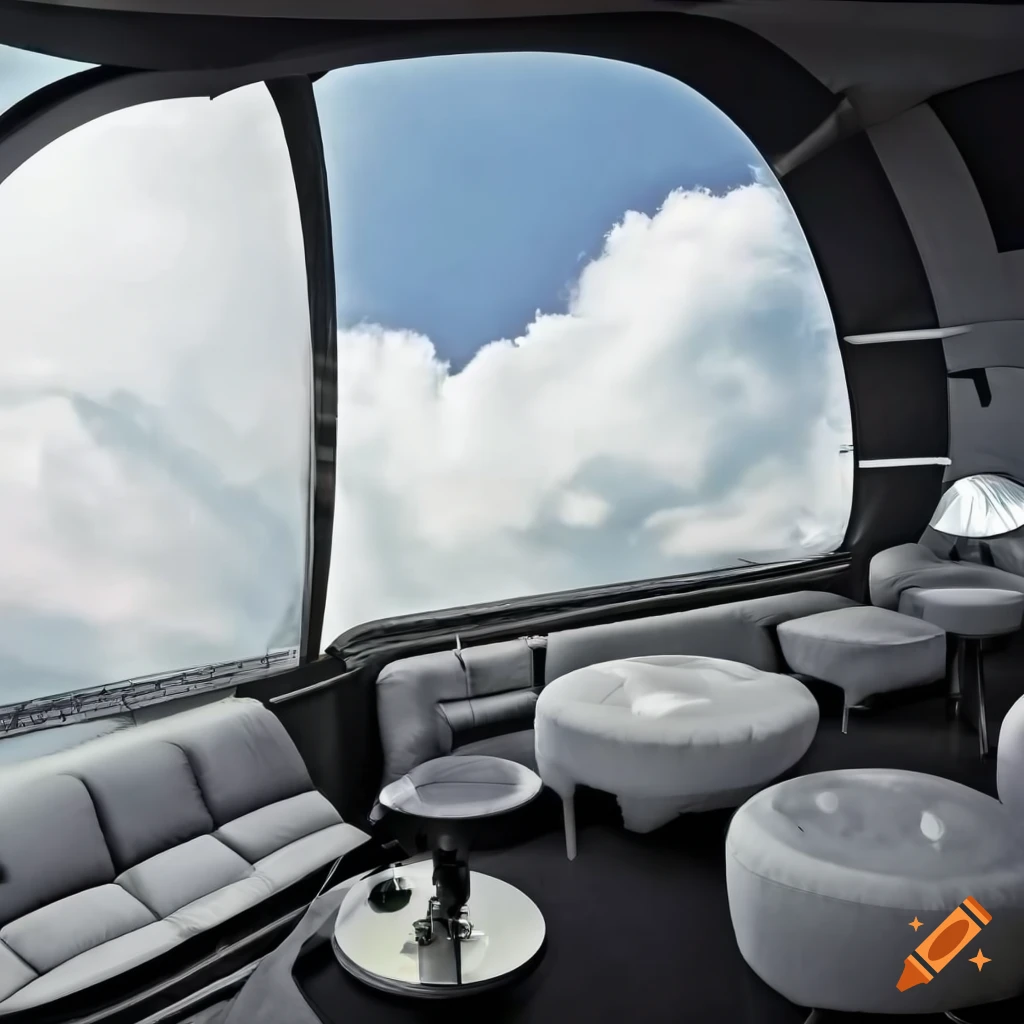 Futuristic airship lounge and bar with a view of fluffy clouds