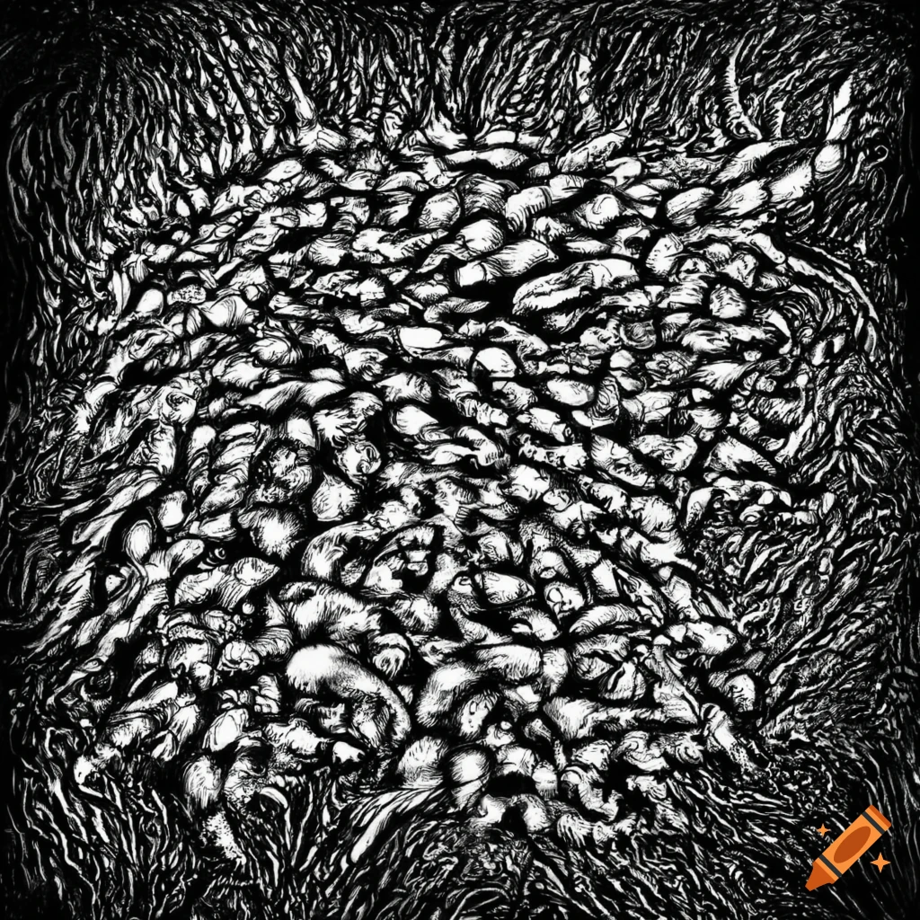Detailed black-and-white drawing of a swarm of rats