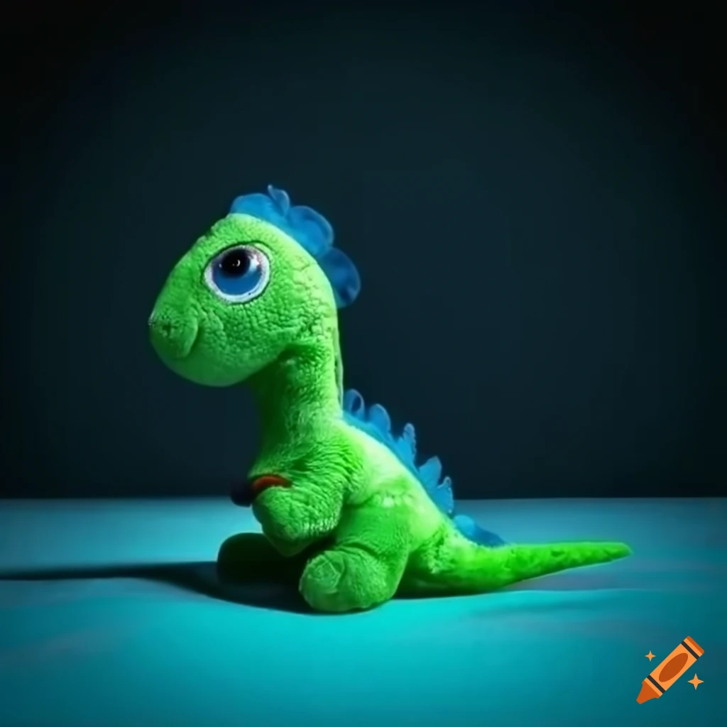 Brave baby dinosaur plush with green scales and blue eyes