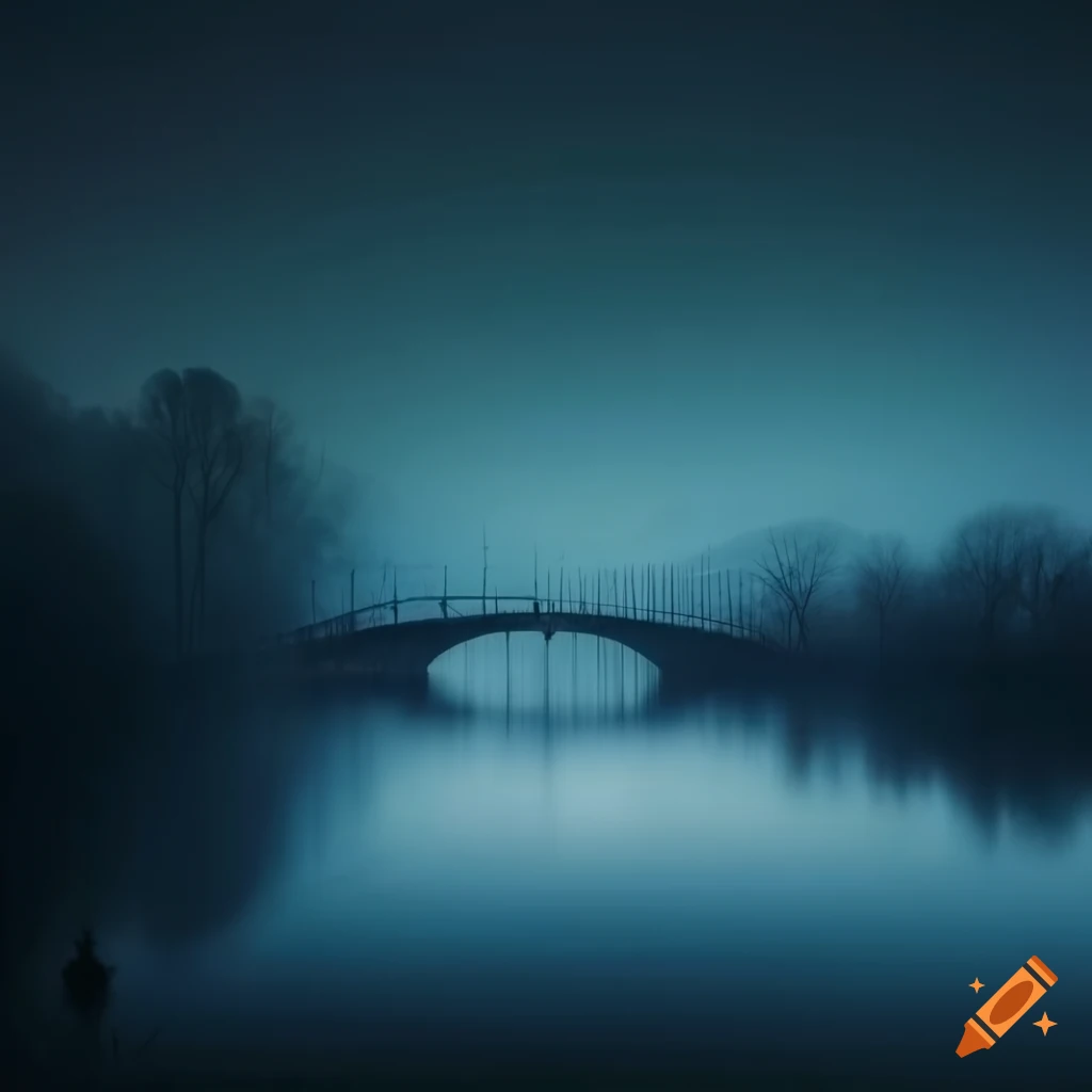 Misty bridge over river at night