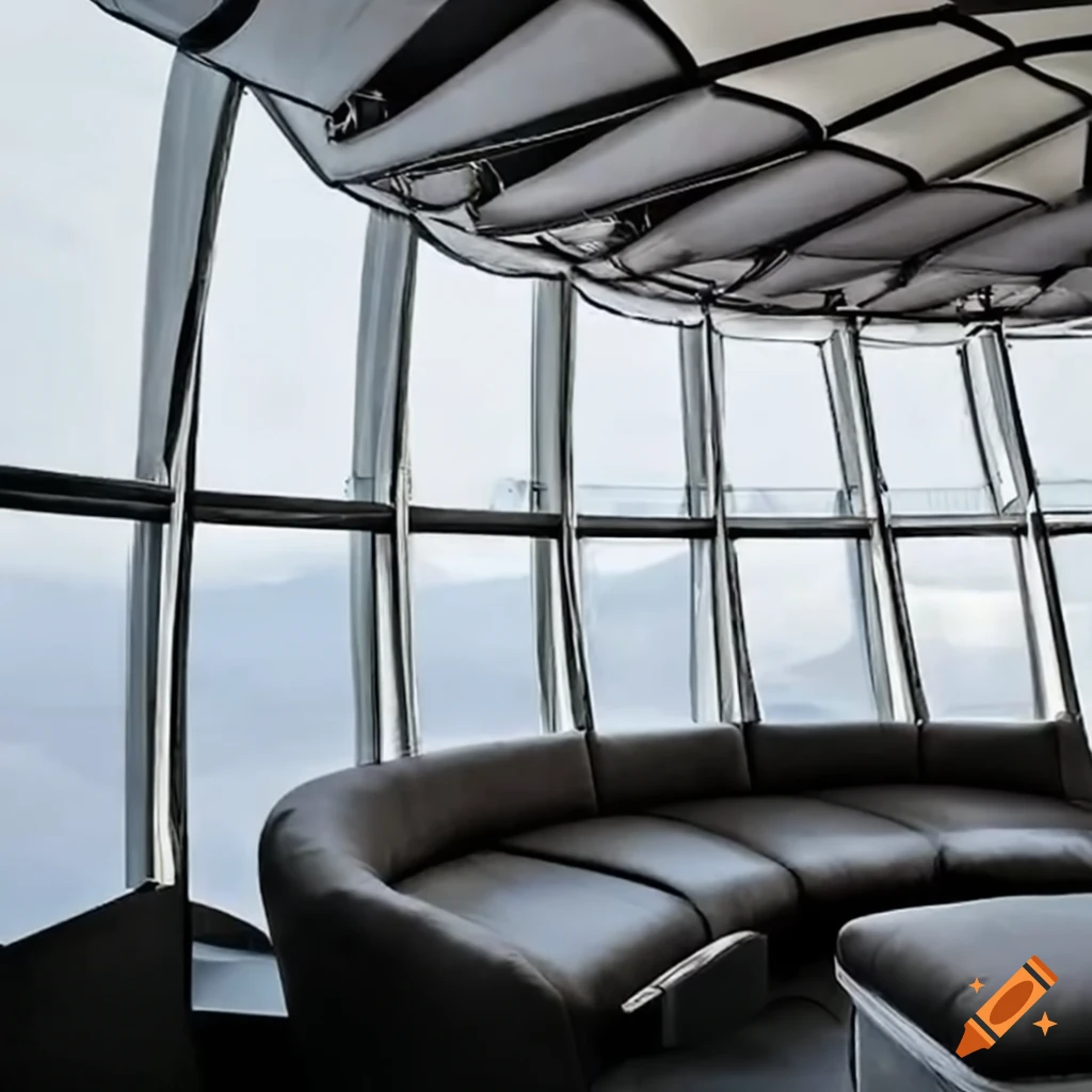 Luxury airship lounge with padded seats and window overlooking fluffy clouds