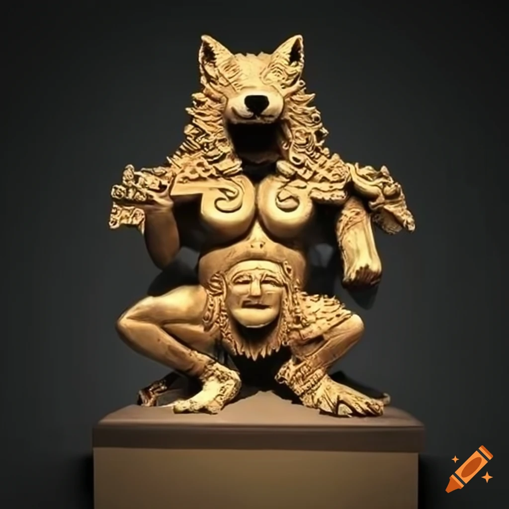 Gold Aztec sculpture of the Chaos God Malice as a devouring wolf on Craiyon