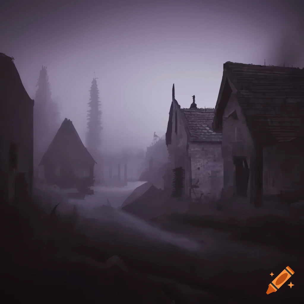 Eerie mist-covered ruined village at night in sepia tones
