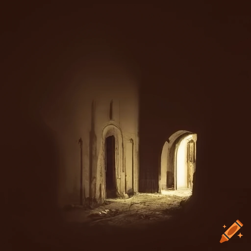 Abandoned ancient village foundation walls in nightly mist, sepia tone
