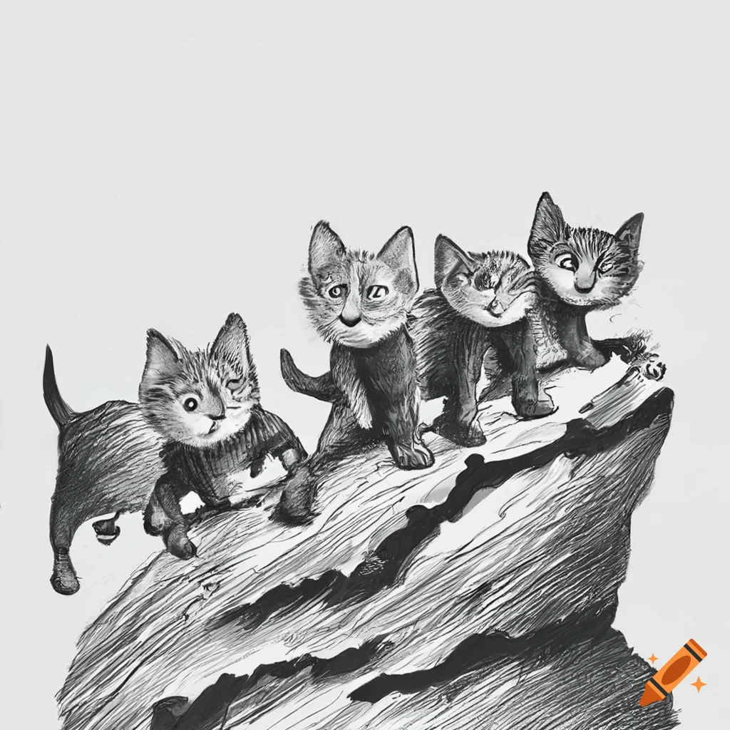 Three little kittens walking on a mountain in a black and white drawing