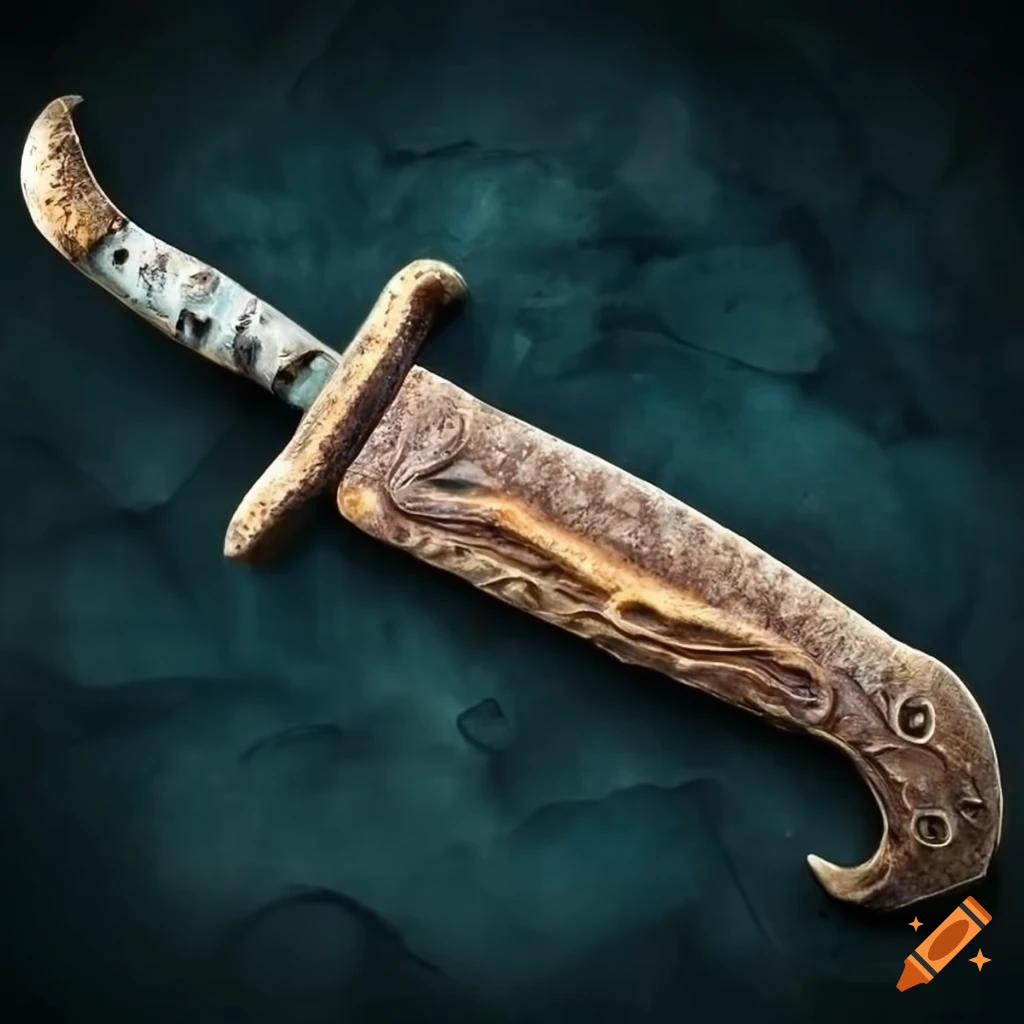 Detailed rusted gut dagger knife inspired by fossil with spiky blade