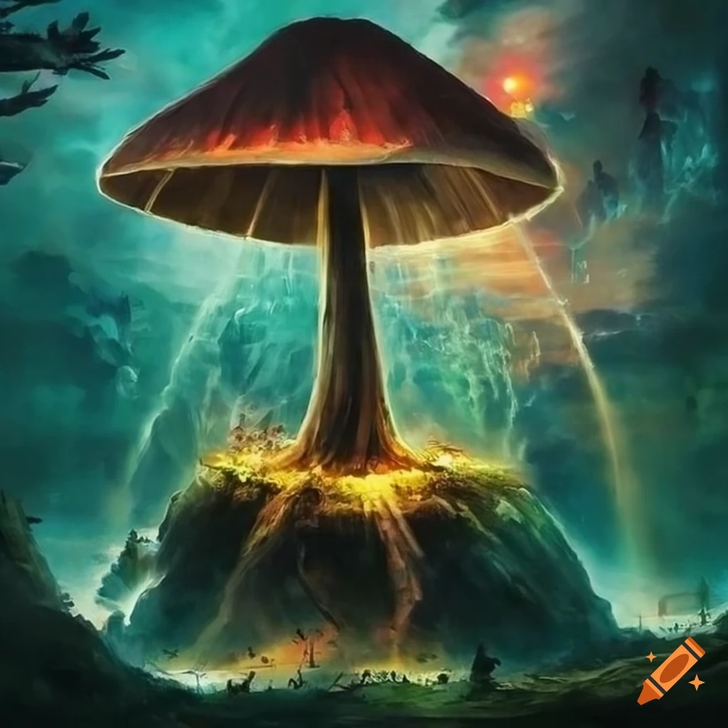 Chocolate waterfall with rainbows and glowing mushrooms in a dark fantasy setting by Greg Rutkowski