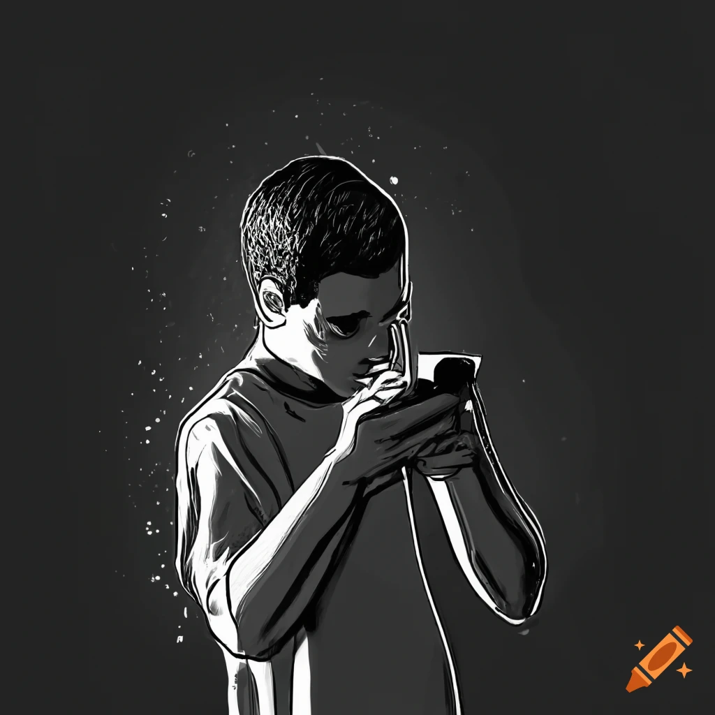Depressed young man looking at phone in black and white 2D drawing with glowy effect