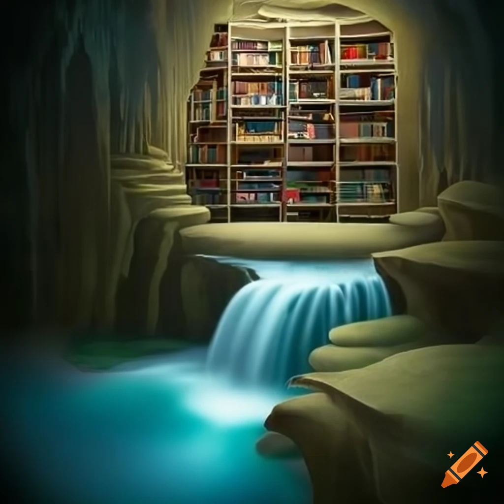 Small library situated within a cavern behind a waterfall