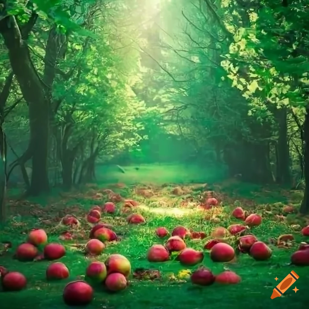 Lush green forest with apple trees full of red apples and magical sunlight filtering through