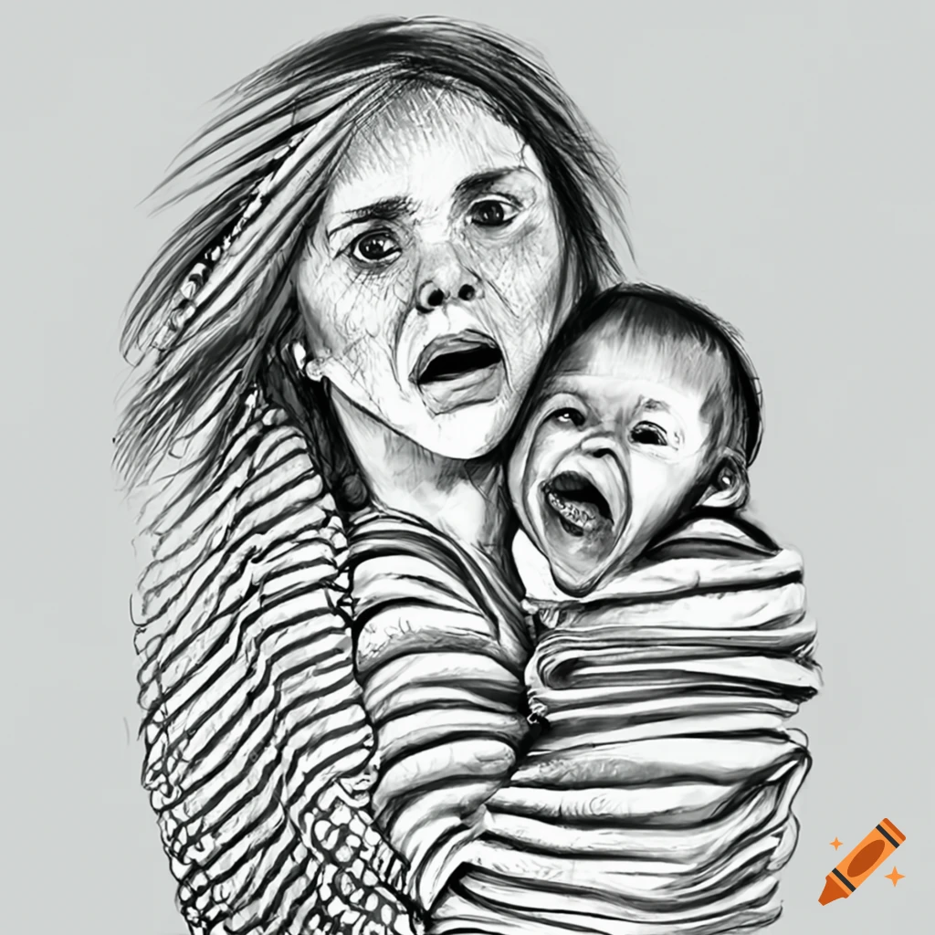 Mother carrying a baby looking scared