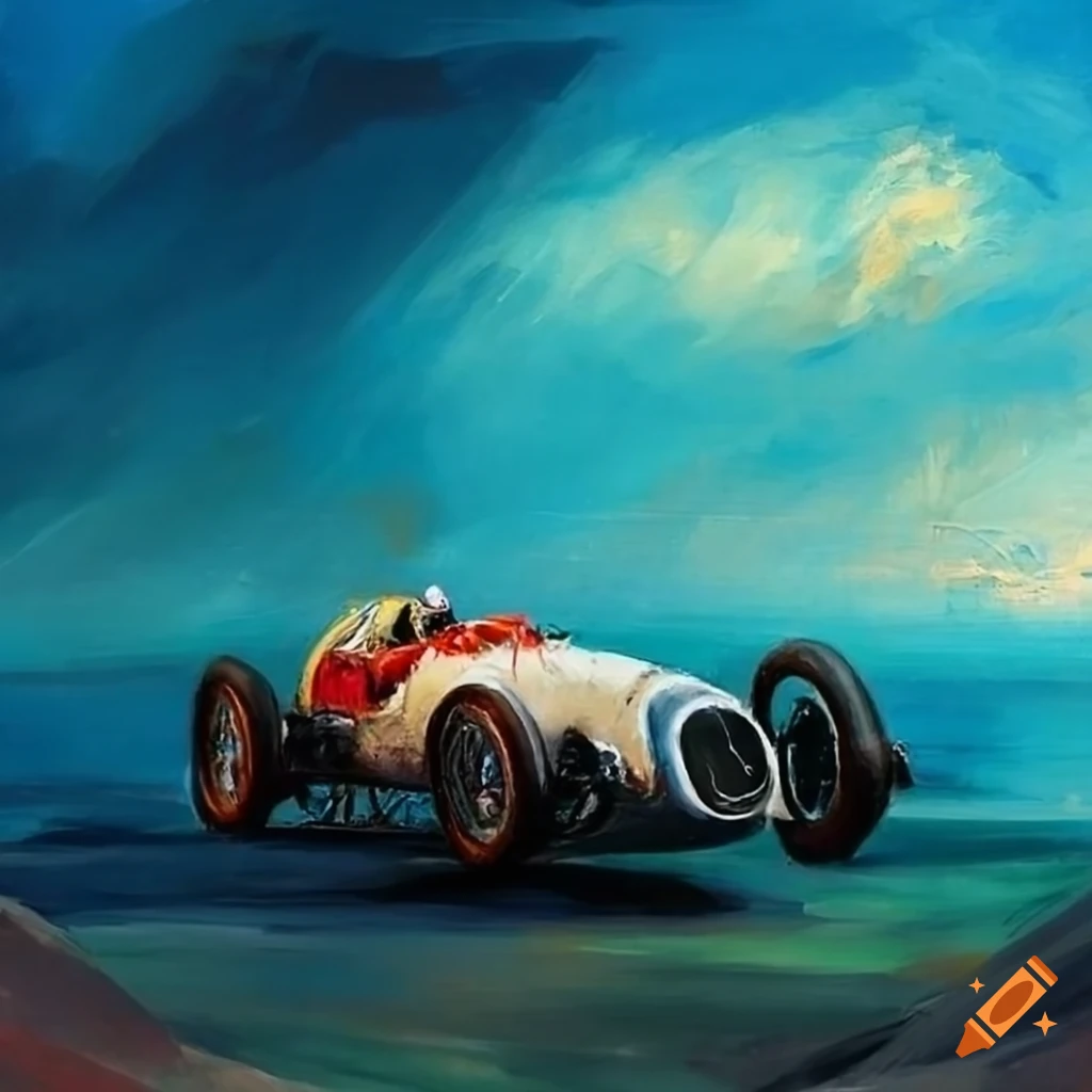 1936 Monaco Grand Prix Mercedes Benz Carraciola Rain King painting in panoramic view
