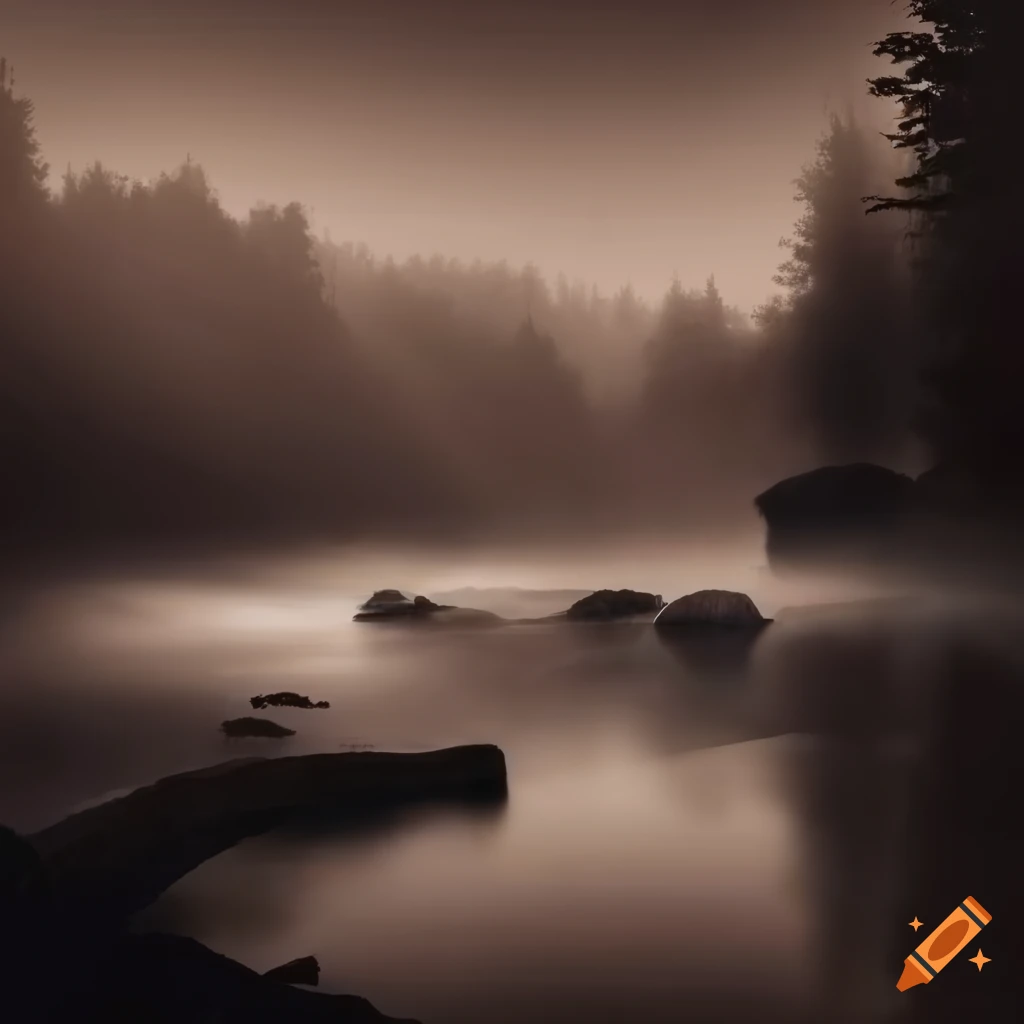 Ancient mist-covered stone bridge over a serene river in sepia tone