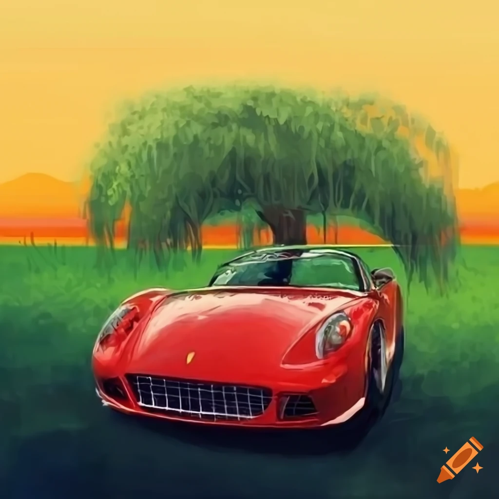 Vintage Ferrari by an old willow tree in a wild meadow near a small lake, Theodor Decker inspired
