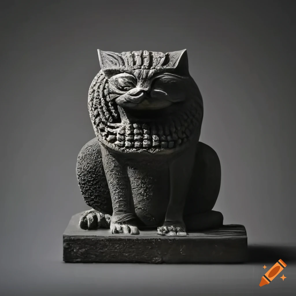 Intricate black stone carving of the God Slannesh in feline form