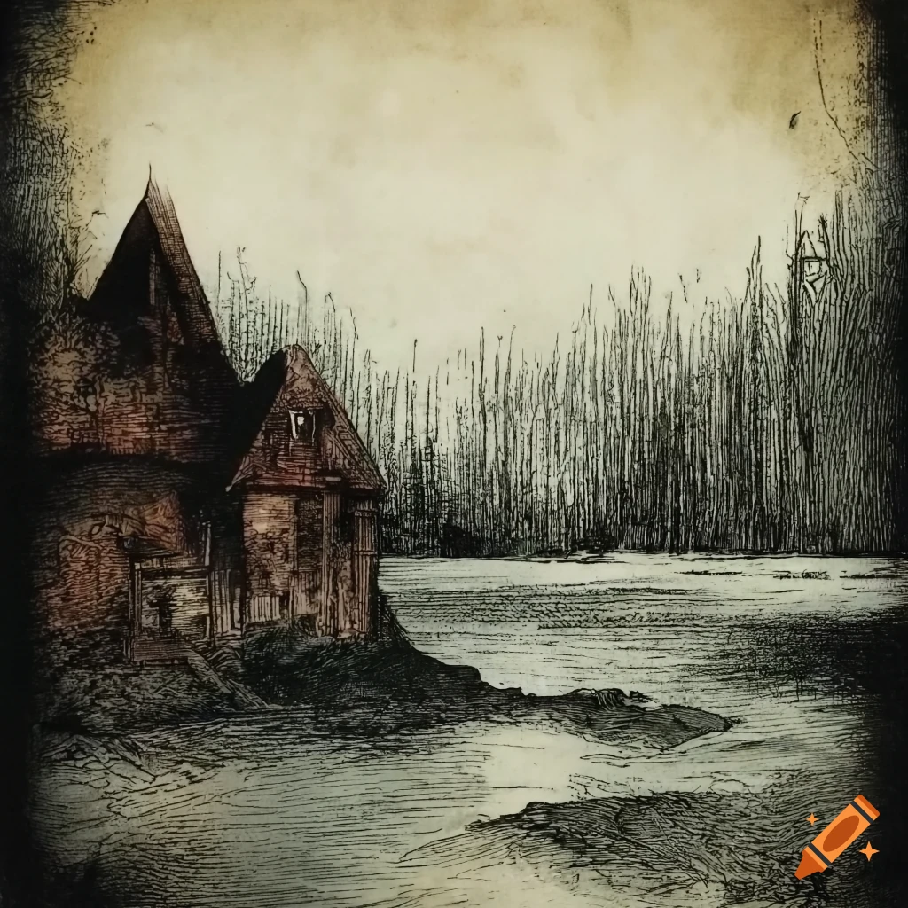 Deteriorated landscape with obscure tones in an etching style