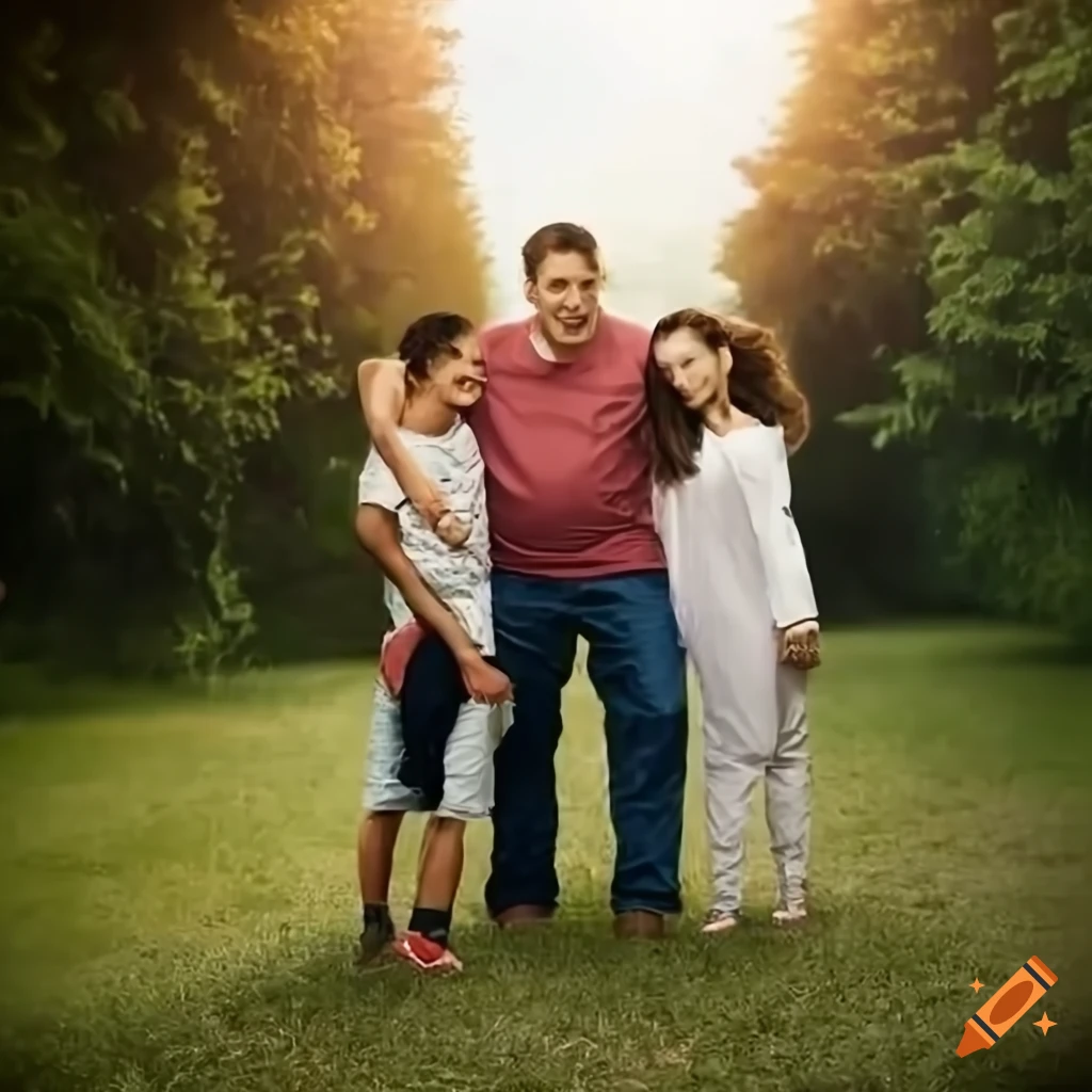 Family generations together in a colorful outdoor photo with trees and a villa in the background