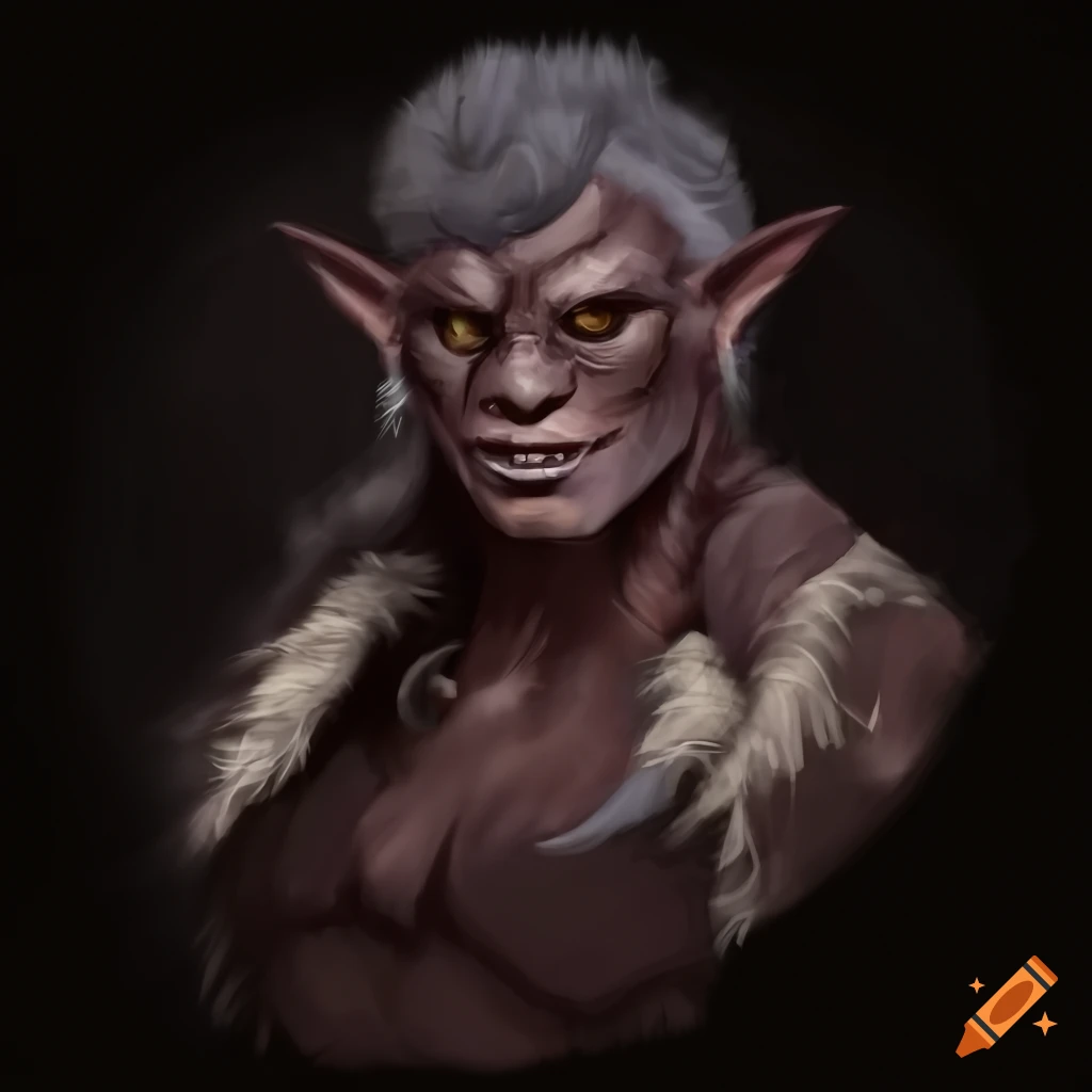 Kindly half-orc with gray fur and brown eyes in tattered pelts
