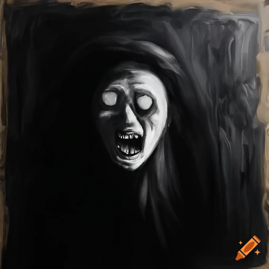 Eerie figure screaming in the dark in a black-and-white drawing