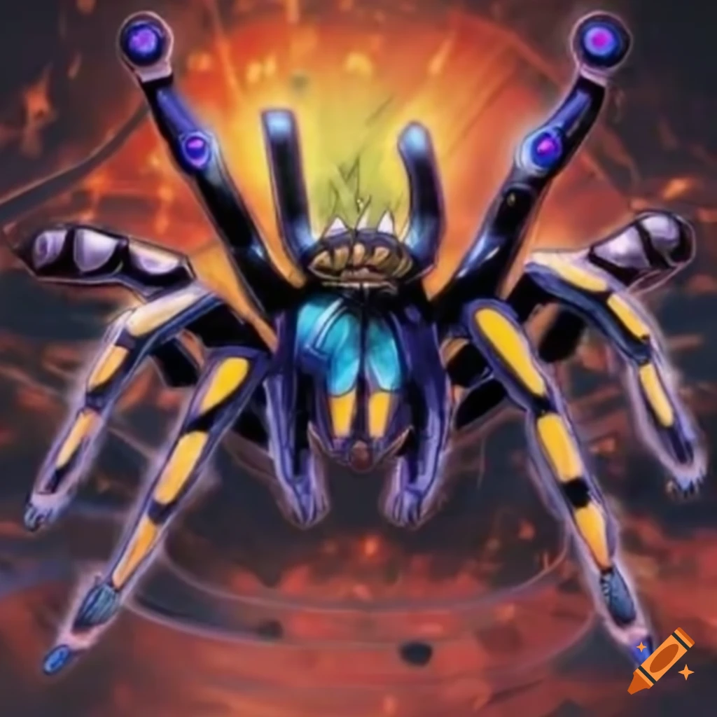 Sci-fi tiger striped tarantula in Yu-Gi-Oh card art style