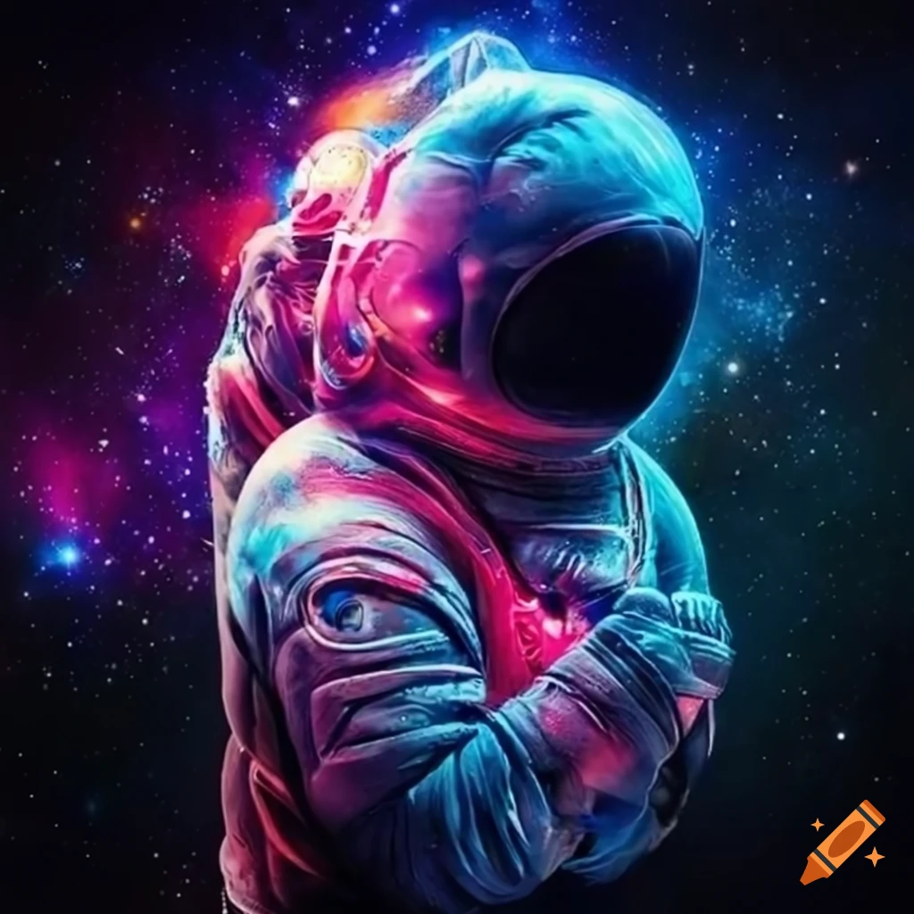 Vibrant space-themed tattoo design with astronaut and nebula