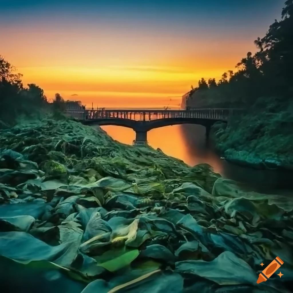 Bridge across a river surrounded by vegetation with a sunset