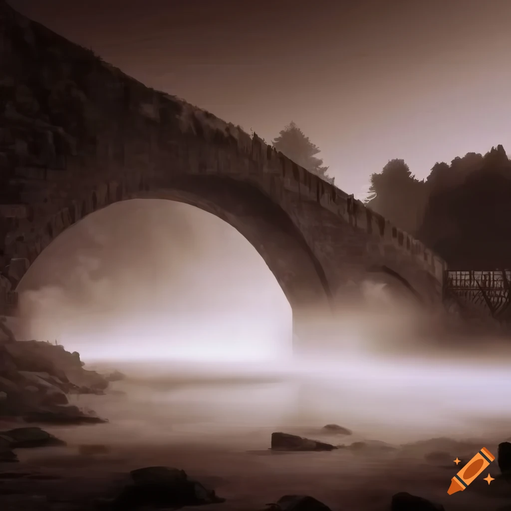 Ancient mist-covered stone bridge over a serene river in sepia tone
