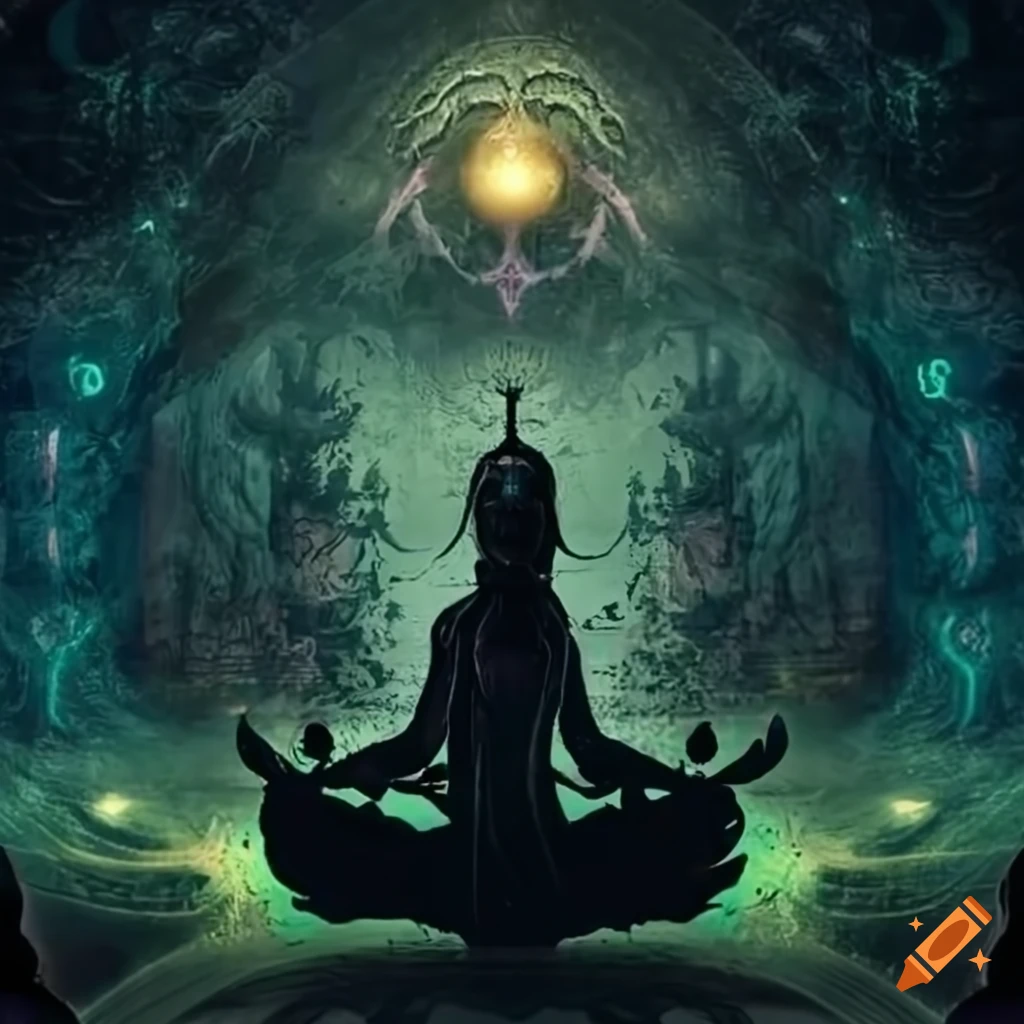 Ancient Lich meditating amidst magical symbols