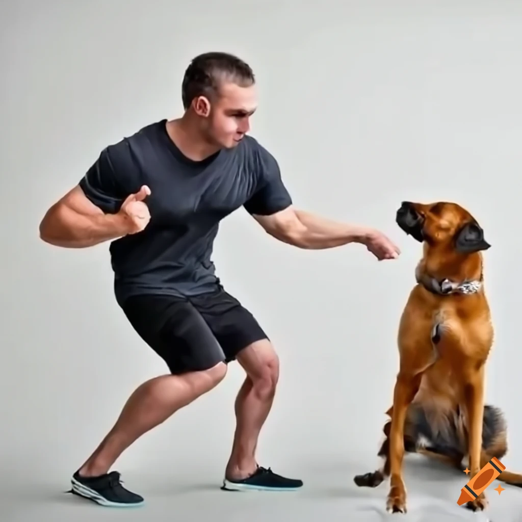 Man showing anger while challenging a determined dog in strength