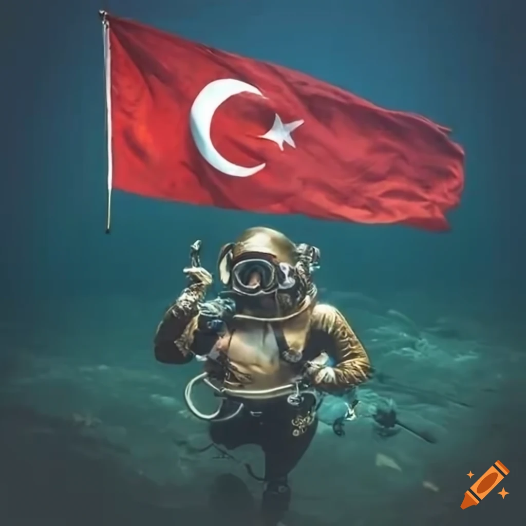 Deep-sea diver in a vintage diving suit with a Turkish flag