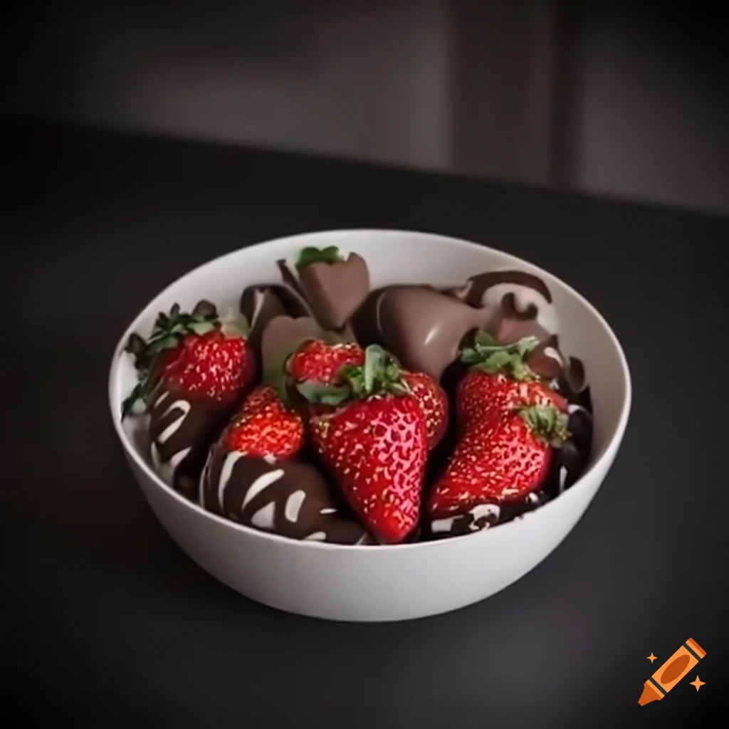 Snapshot of strawberries dipped in chocolate in a cereal bowl with camera flash
