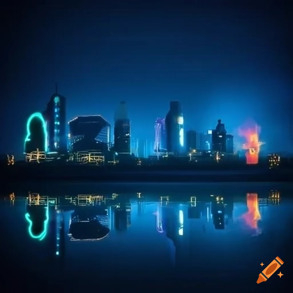 Solar punk city at night with neon lighting