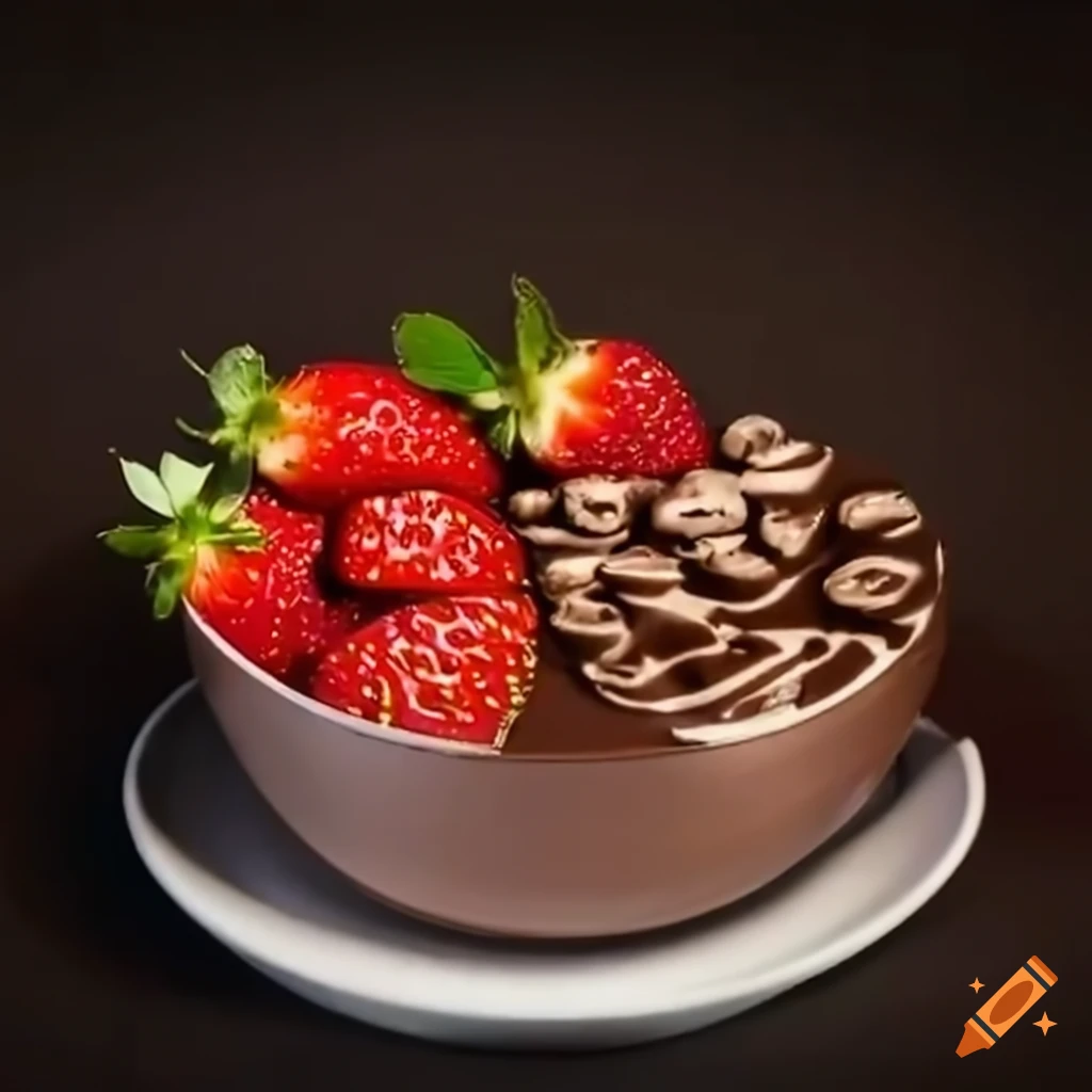 Snapshot of strawberries dipped in chocolate in a cereal bowl with camera flash