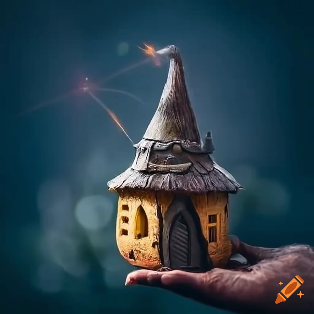 Elderly man holding miniature fairy house in close-up shot