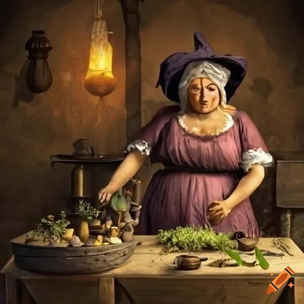 Medieval kitchen with a witch behind a table of flowers and herbs
