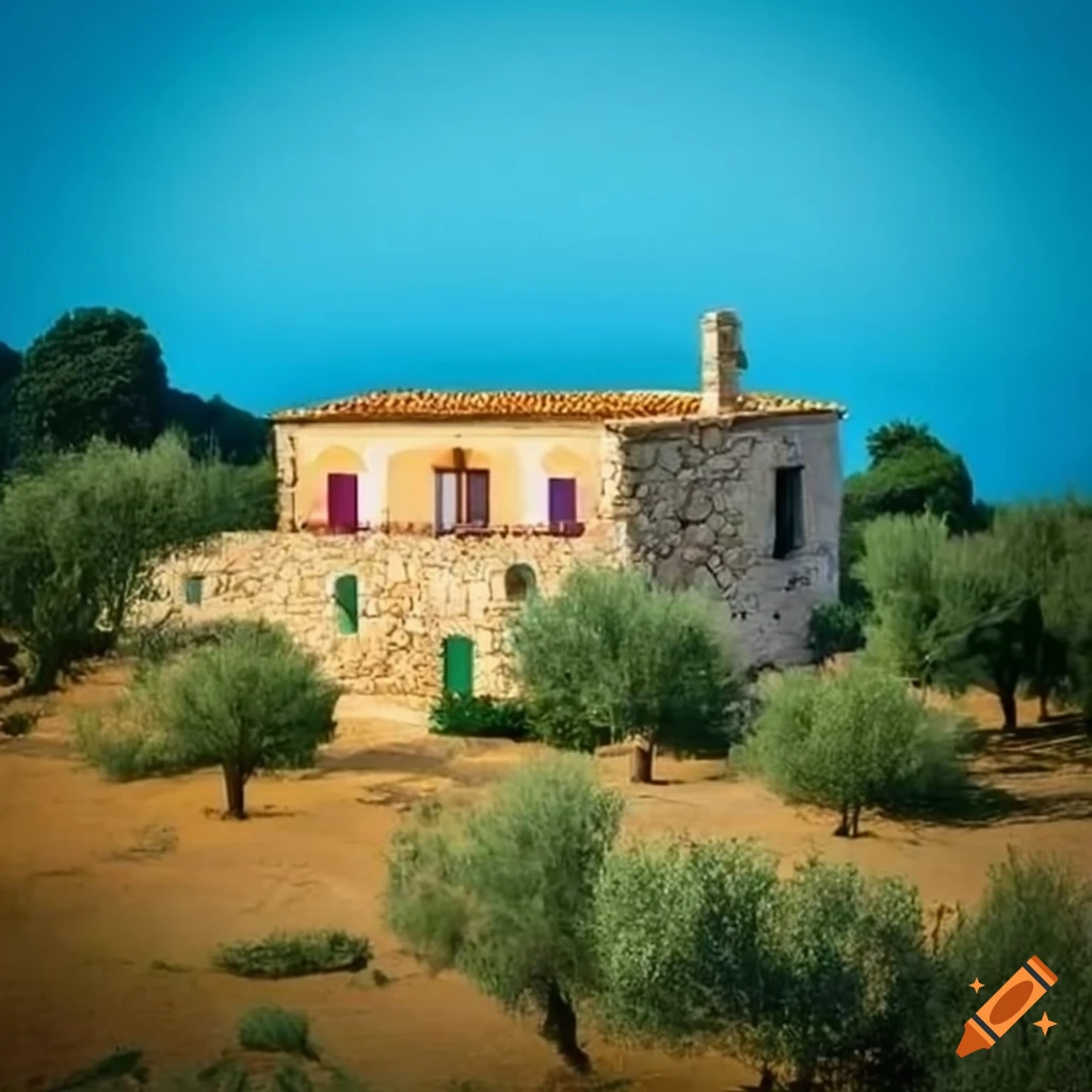 Stone house in an olive grove facing a Mediterranean village