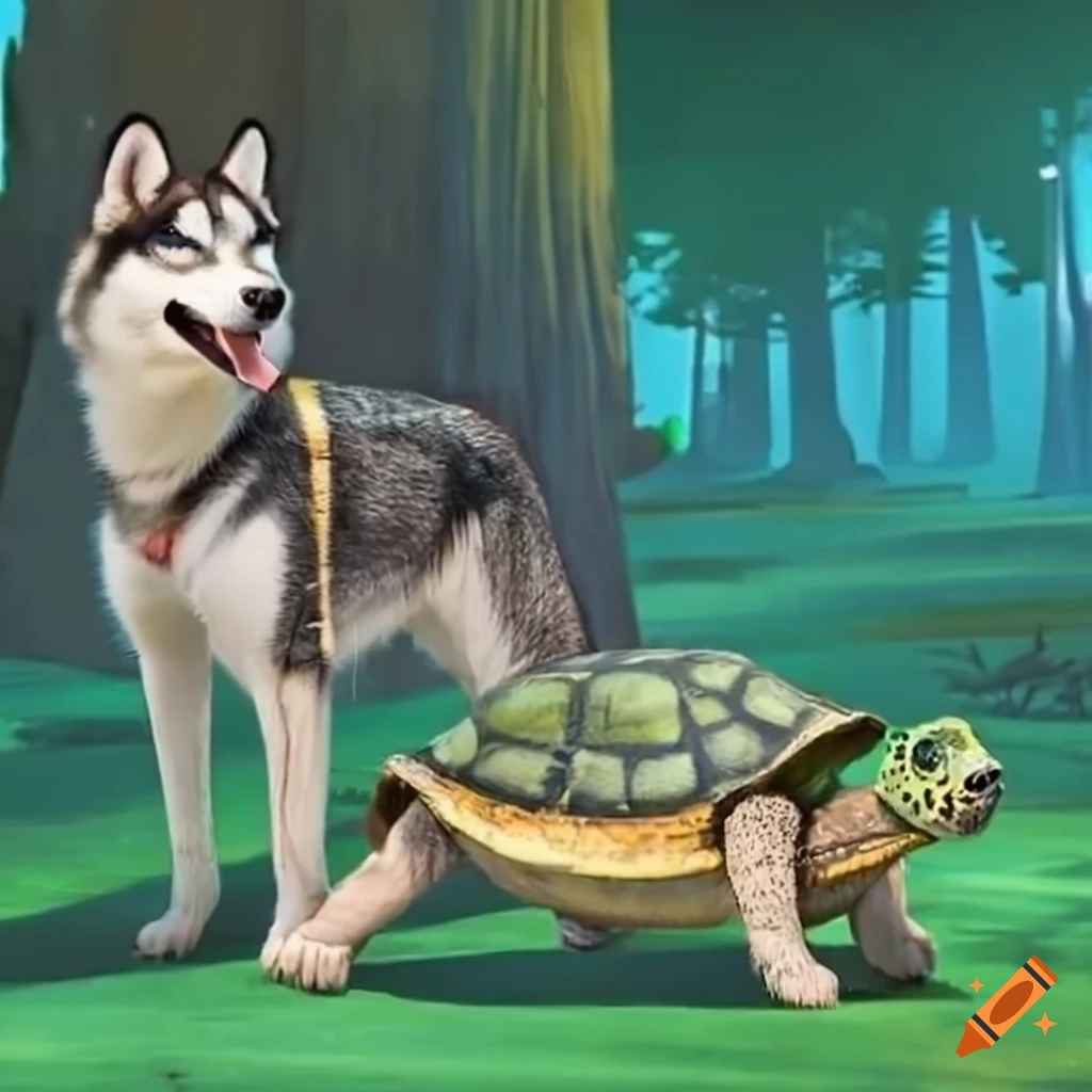 Husky walking with a turtle on its back wearing green clothes