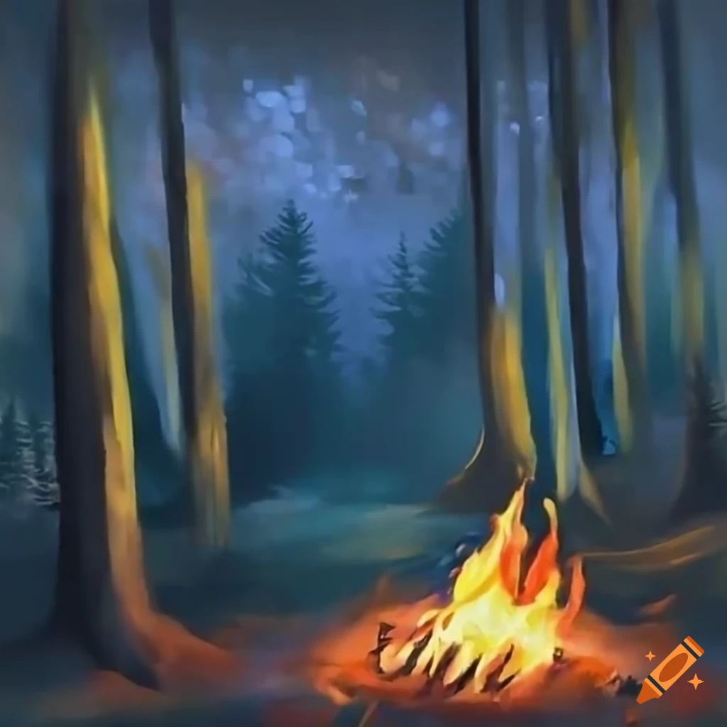 Campfire in a forest clearing at night near a mountain