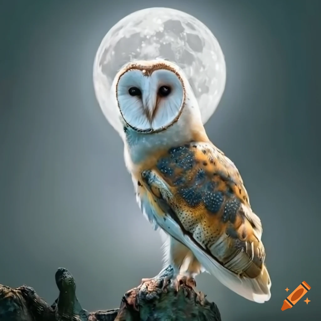 Close-up of barn owl gliding through woodland under a silvery full moon