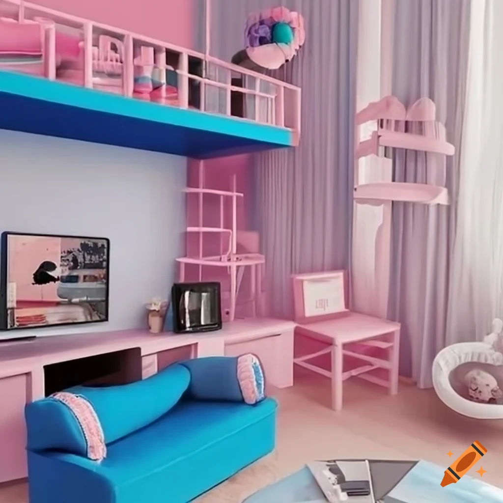 Colorful treehouse interior with makeup, skincare, bed, couch, and desk with a TV