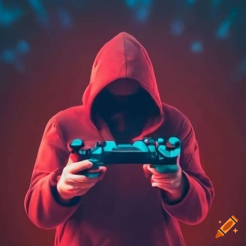 Person in hood with gaming controller in neon lights background