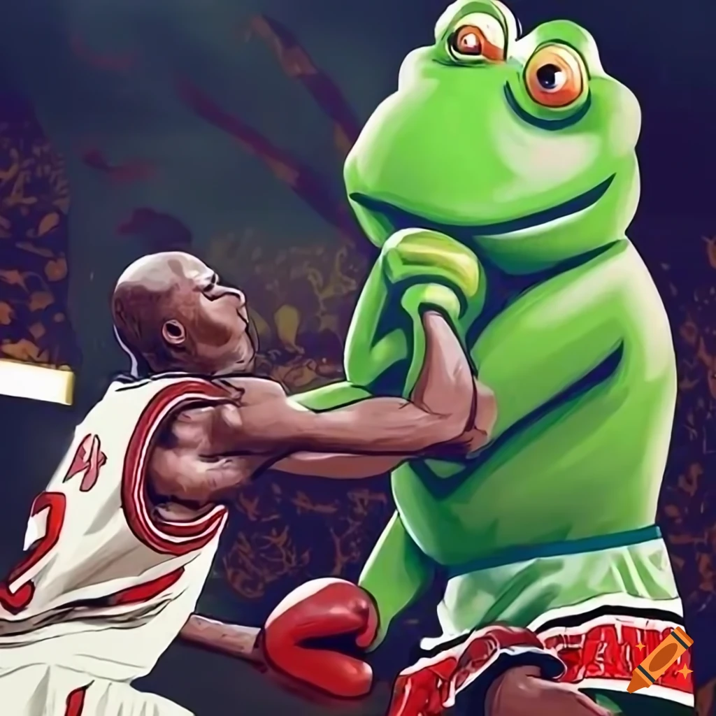 Giant frog boxing with Michael Jordan in a funny illustration